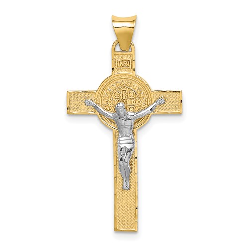 14k Two-tone Gold Crucifix and St Benedict Pendant 1in