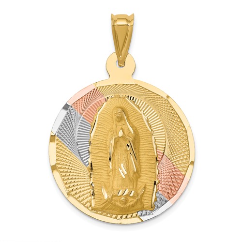 14k Yellow Gold and Rhodium Round Lady Of Guadalupe Pendant 1in