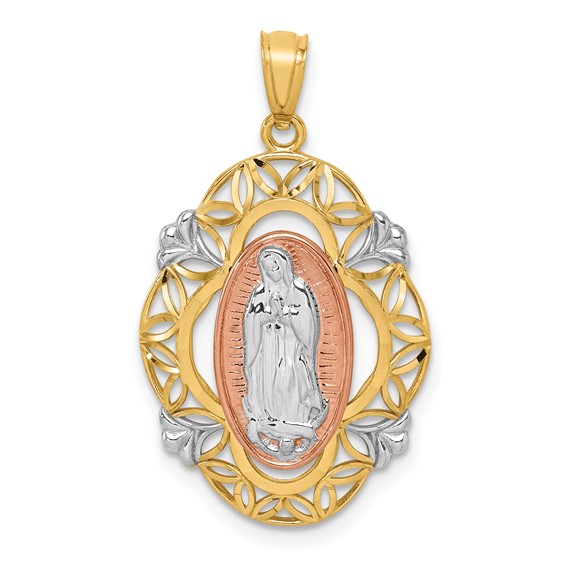 14K Two-tone Gold with White Rhodium Floral Lady of Guadalupe Pendant 7/8in