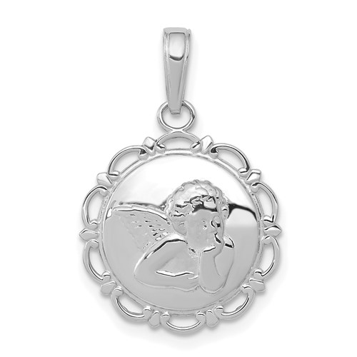14k White Gold Cherub on Round Scallop Frame Pendant 5/8in