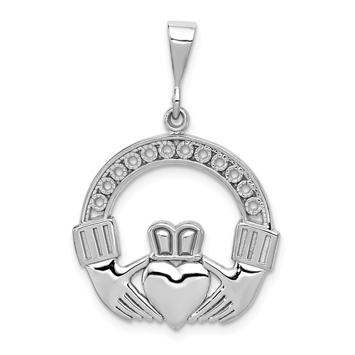 14k White Gold Claddagh Pendant 3/4in