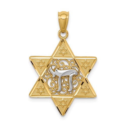 14k Yellow Gold and Rhodium Star of David with Chai Pendant 3/4in