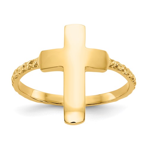 14k Yellow Gold Polished Oversized Cross Ring with Textured Shank