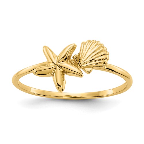 14k Yellow Gold Slender Shell and Starfish Ring