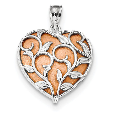 14kt White and Rose Gold 3/4in Floral Heart Pendant