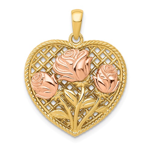 14K Two-Tone Gold Roses In Heart Pendant 3/4in