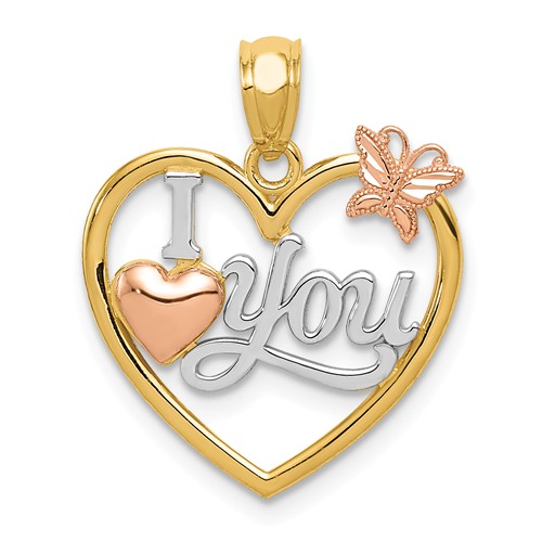 14k Two-tone Gold I Love You Heart Pendant with Butterfly Accent 5/8in