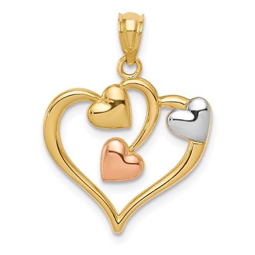 14k Yellow Gold Heart Pendant with Rose and Rhodium-plated Hearts