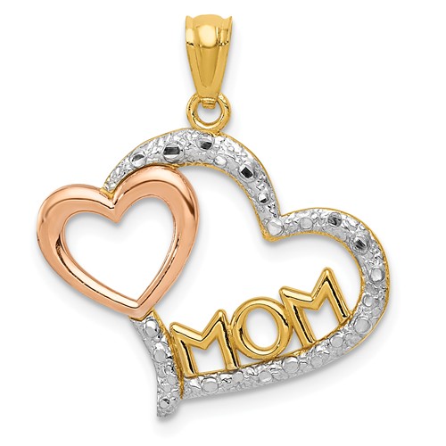 14k Yellow And Rose Gold Rhodium Mom In Heart With Heart Pendant 3/4in