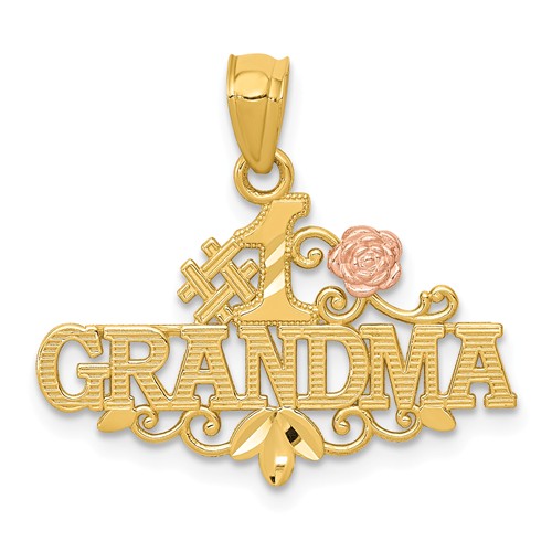14k Yellow And Rose Gold Diamond-Cut #1 Grandma With Rose Pendant