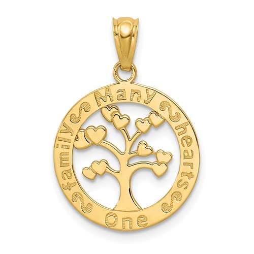 14k Yellow Gold One Family Many Hearts Tree of Life Pendant