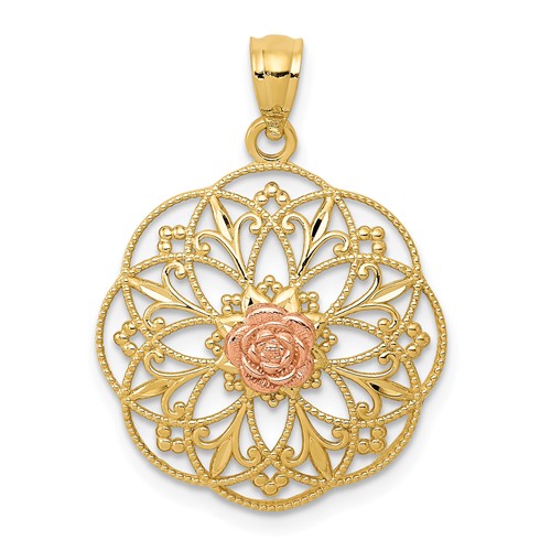 14k Yellow and Rose Gold Polished Rose in Round Filigree Pendant 3/4in