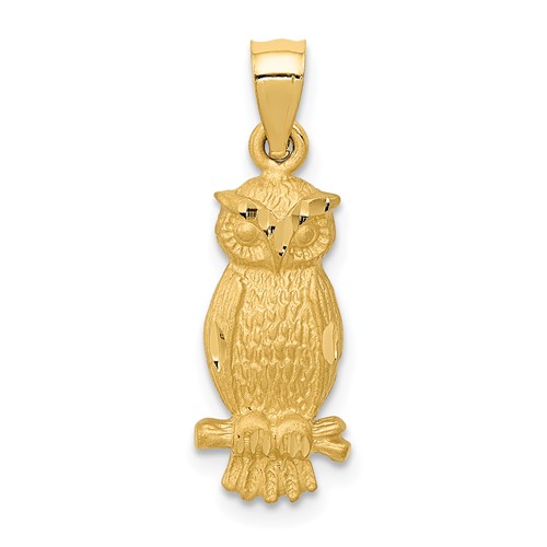 14k Yellow Gold Satin Diamond-Cut Owl Pendant 5/8in