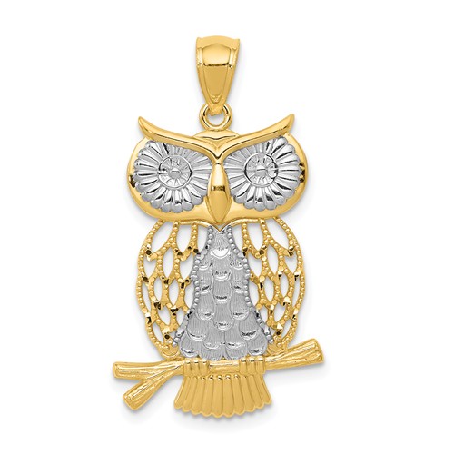 14k Yellow Gold Rhodium Diamond-Cut Moveable Owl Pendant