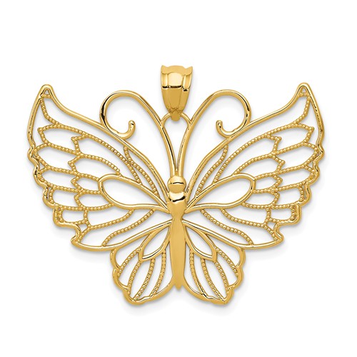 14k Yellow Gold Butterfly Pendant with Textured Wings 1in