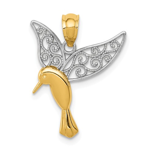 14k Yellow Gold Hummingbird Pendant with Rhodium Filigree Wings
