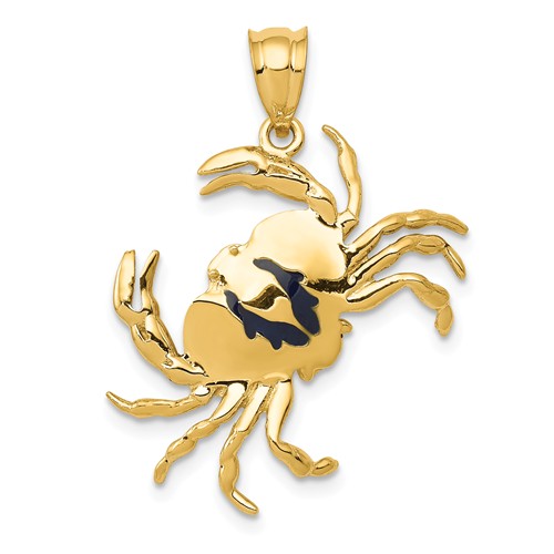 14k Yellow Gold Crab Pendant with Blue Enamel Accents 1in