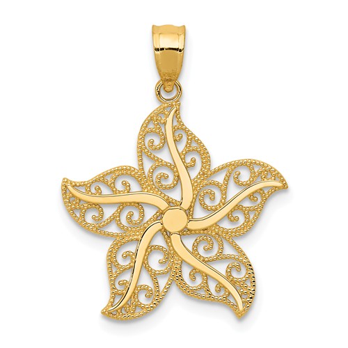 14k Yellow Gold Starfish Pendant with Filigree Design 3/4in