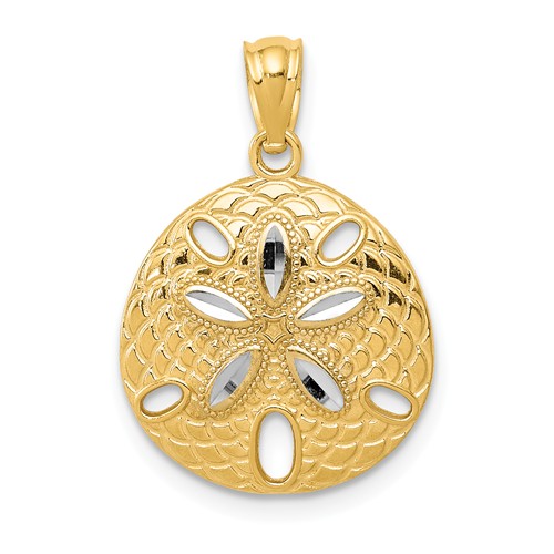 14k Yellow Gold Small Sand Dollar Pendant with Rhodium Accents