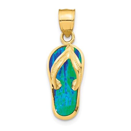 14k Yellow Gold Created Blue Green Opal Flip Flop Pendant 5/8in