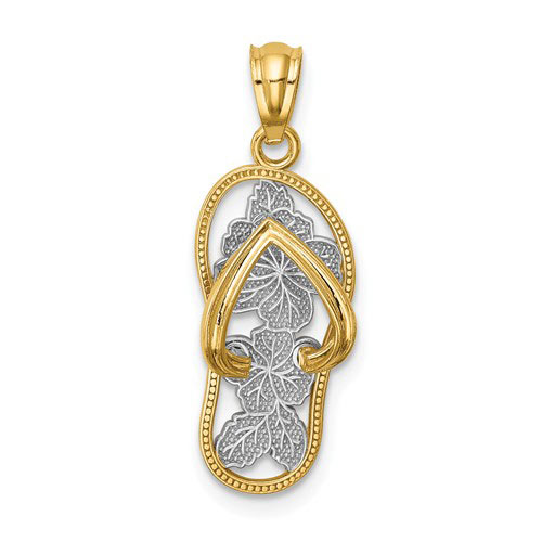 14k Yellow Gold Flip Flop Pendant with Rhodium Flowers