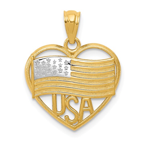 14k Yellow Gold and Rhodium American Flag in Heart Pendant