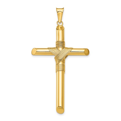 14k Yellow Gold Wrapped Tube Cross Pendant 1.75in