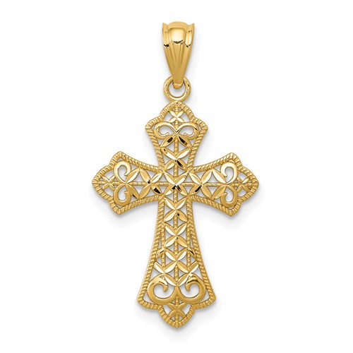 14k Yellow Gold Filigree Fleur de Lis Cross Pendant 3/4in