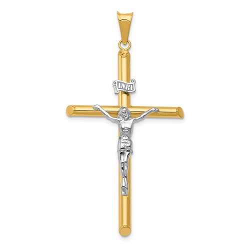 14k Two-tone Gold 1.75in Hollow INRI Crucifix with Sloped Tips