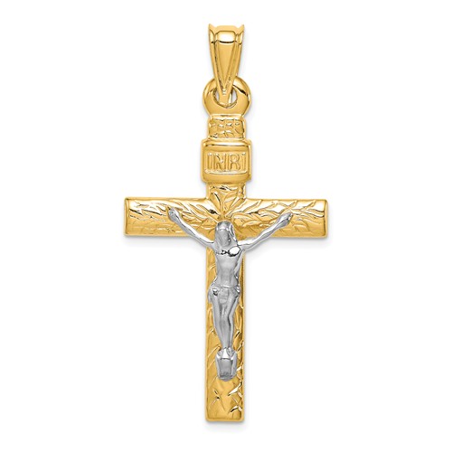 14k Yellow Gold Rhodium Textured INRI Crucifix Pendant 1.5in
