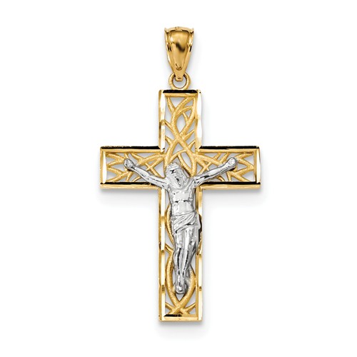 14k Two-tone Gold Diamond-cut Large Crucifix with Vines 1in