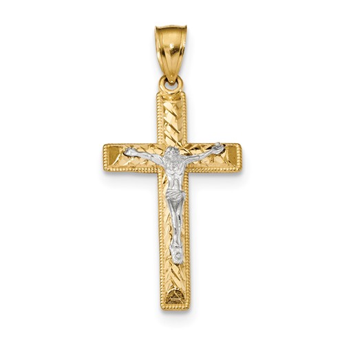 14k Two-tone Gold 1 1/4in Diamond-cut Crucifix with Bead Border
