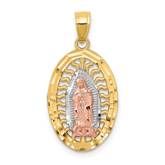 14K Two-tone Gold White Rhodium Diamond-cut Lady of Guadalupe Pendant 3/4in