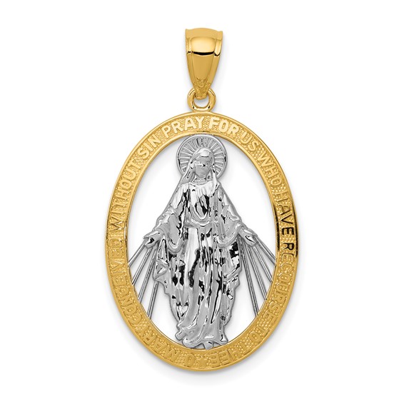 14k Yellow Gold with Rhodium Cut-out Oval Miraculous Medal Pendant 1in