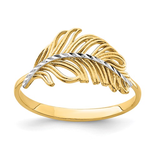 14k Yellow Gold with Rhodium Feather Ring