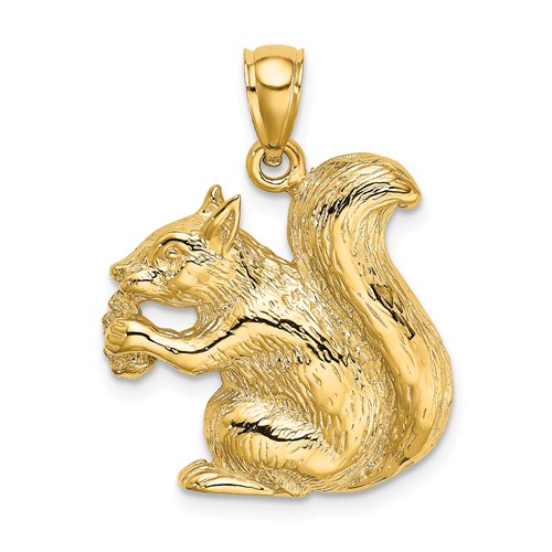 14k Yellow Gold Textured Sitting Squirrel Pendant 3/4in