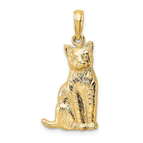 14k Yellow Gold Seated Cat Pendant with Textured Finish 3/4in