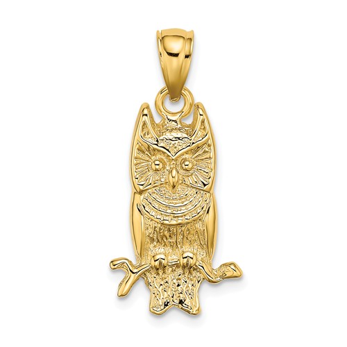 14k Yellow Gold Perched Owl Pendant 3/4in