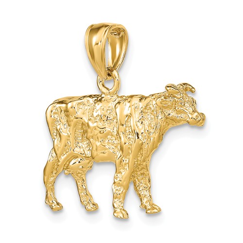 14k Yellow Gold 3-D Cow Pendant with Textured Finish