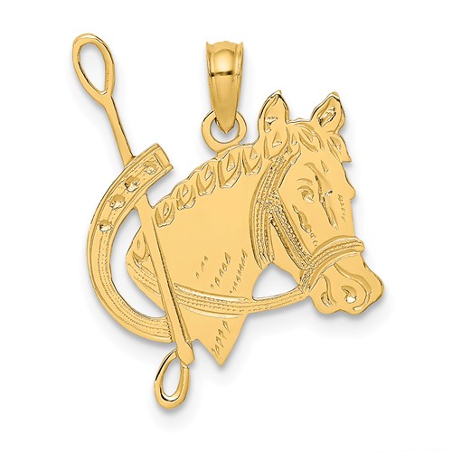 14k Yellow Gold Horse Head and Horse Shoe and Whip Pendant 5/8in