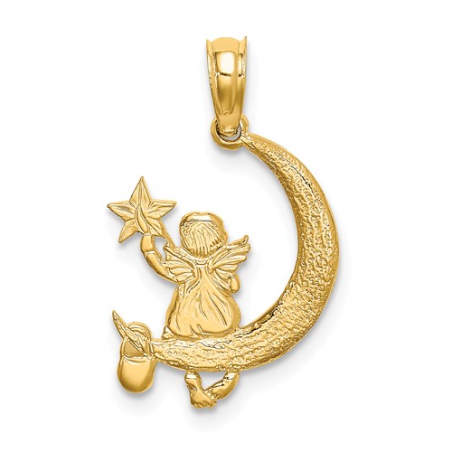 14k Yellow Gold Angel Holding A Star On Crescent Moon Pendant 5/8in