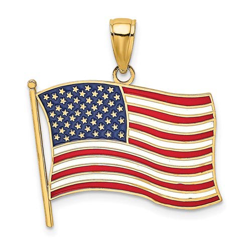 14k Yellow Gold Enamel American Flag Pendant 3/4in