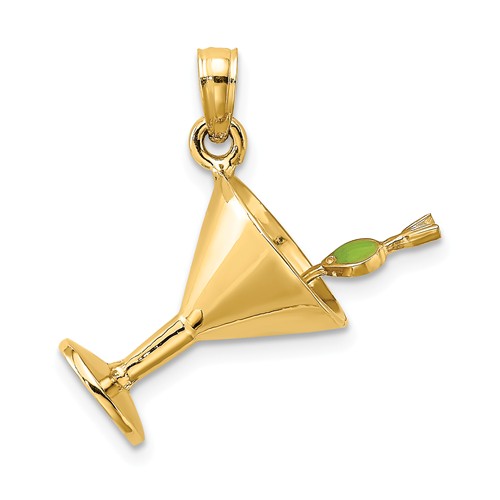 14k Yellow Gold 3-D Martini Pendant With Olive