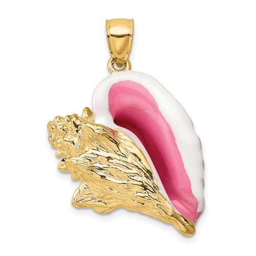 14k Yellow Gold Pink and White Conch Shell Pendant 7/8in