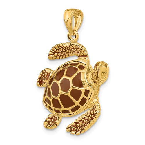 14k Yellow Gold 3-D Brown Enamel Sea Turtle Pendant 1in