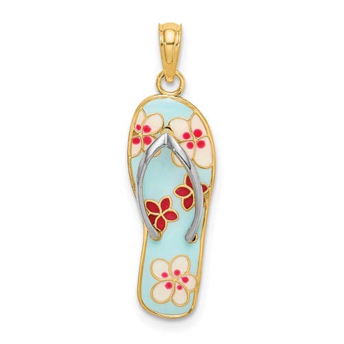 14k Yellow Gold Enamel Fuschia and White Flowers Flip Flop Pendant