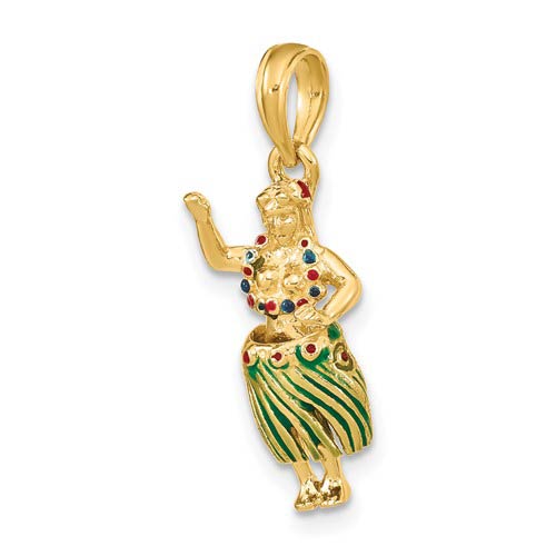 14k Yellow Gold 3-D Hula Girl Charm with Moveable Grass Skirt