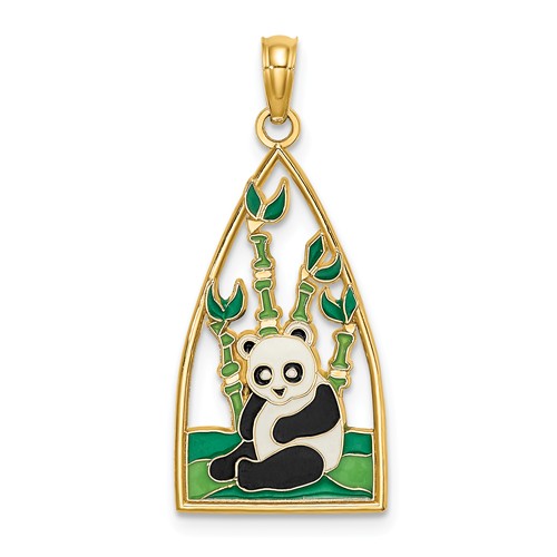 14k Yellow Gold Enamel Panda Bear Pendant with Bamboo K6838