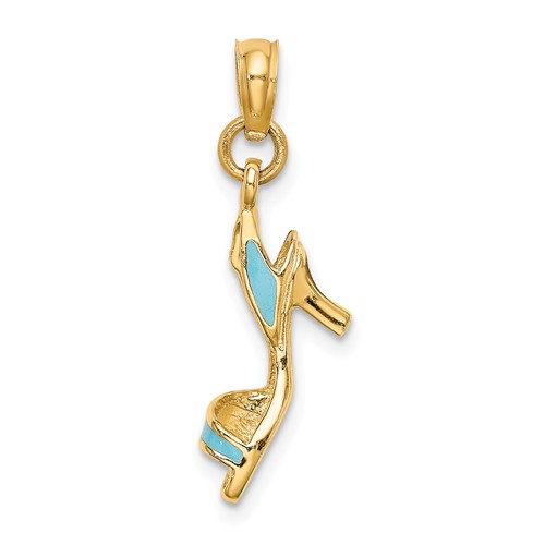 14k Yellow Gold 3-D High Heel Shoe Pendant with Aqua Enamel 5/8in