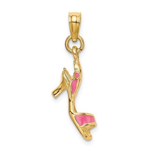 14k Yellow Gold 3-D High Heel Shoe Pendant with Pink Enamel 5/8in
